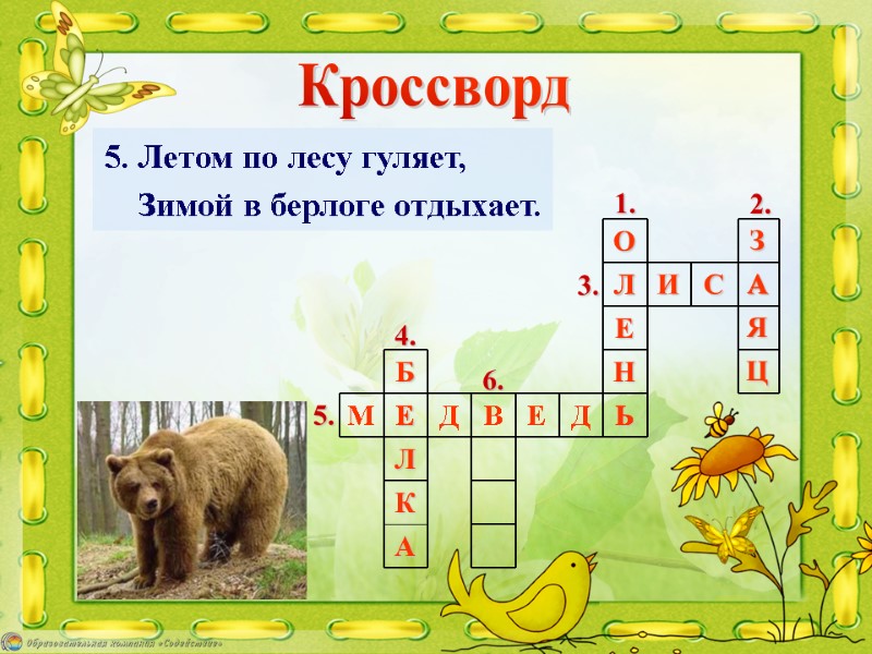 5. Летом по лесу гуляет,     Зимой в берлоге отдыхает. Кроссворд